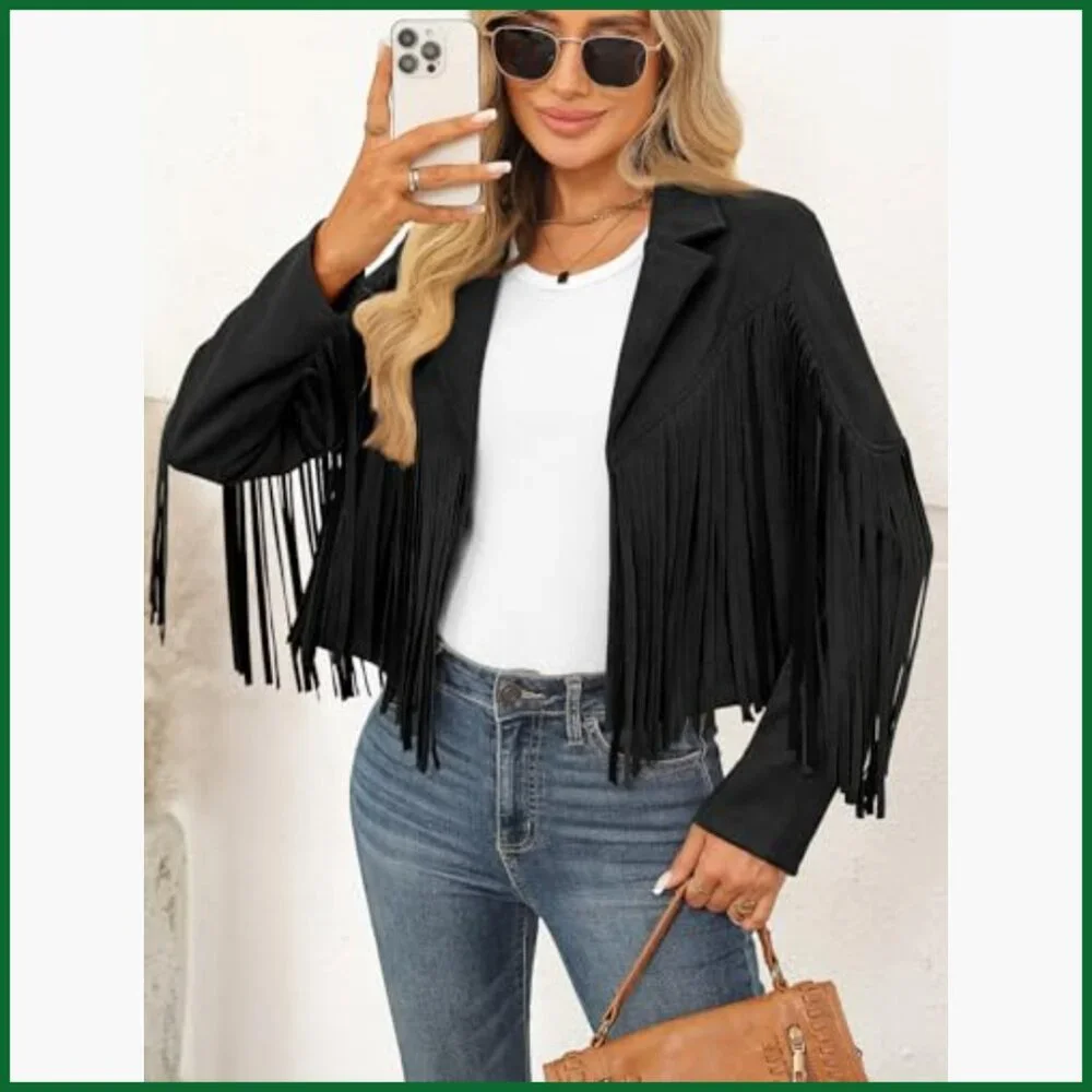 Faux Suede Leather Cropped Fringe Jacket Western Biker Style - Picture 5 of 6